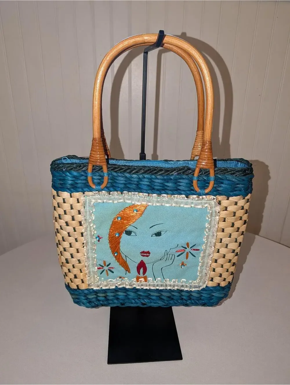 Vintage Unique Handwoven Straw Tote with Embroidered Art Panel Bamboo Handles